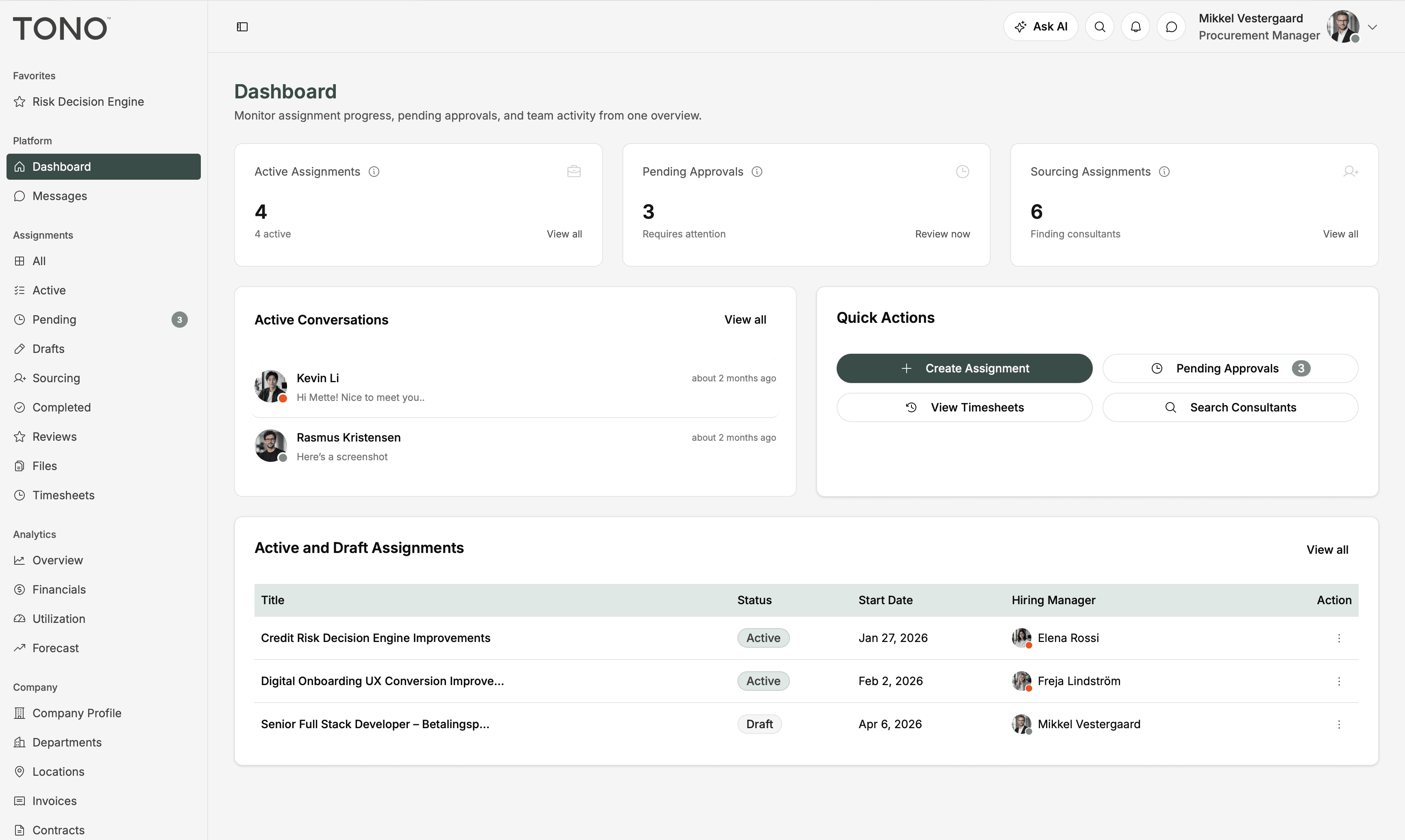 Tono platform for managing external consultants, assignments, and workforce operations