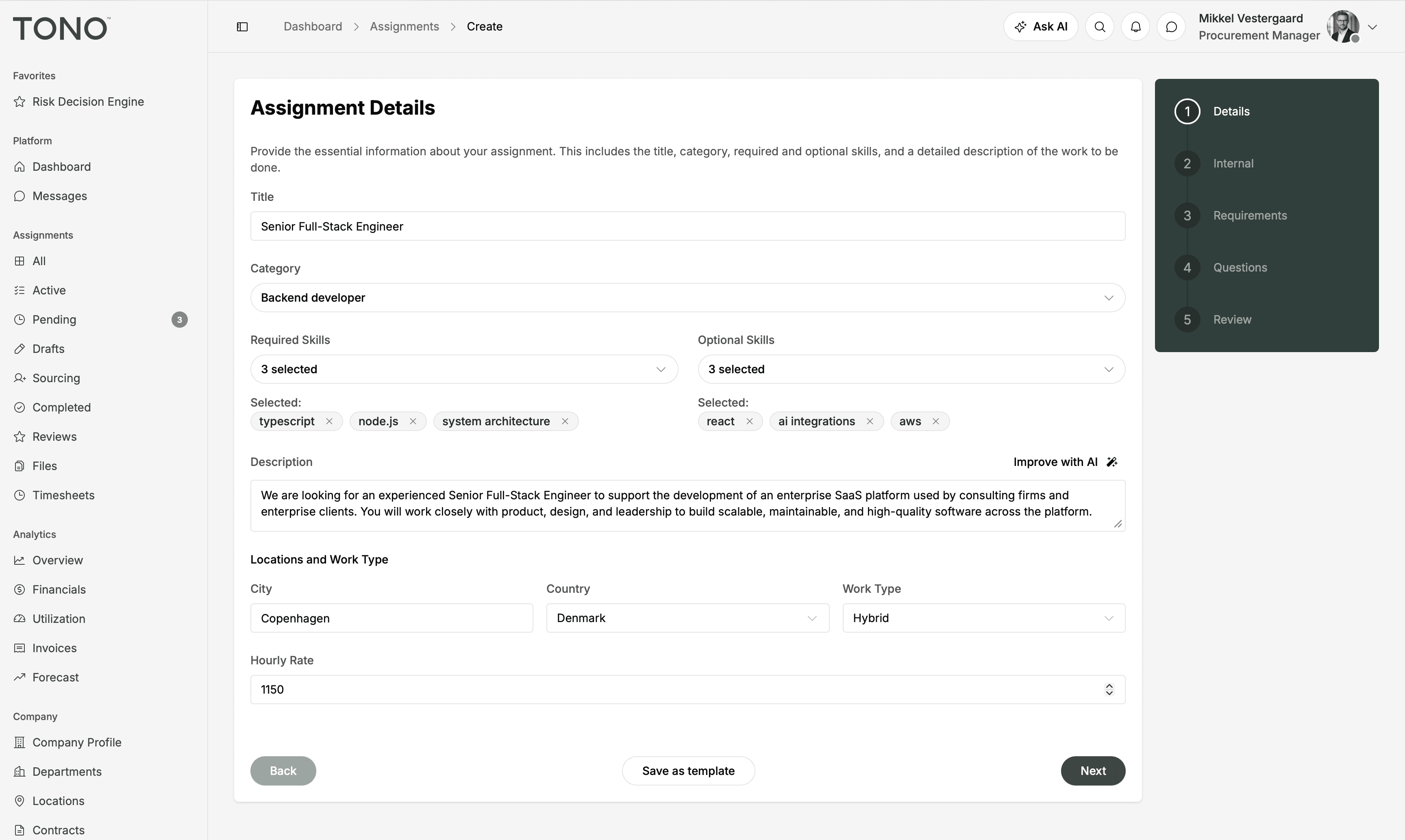 Create a new consulting assignment in the Tono platform